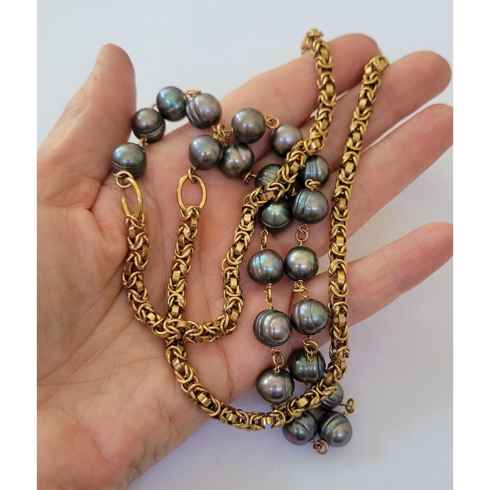 Italian Bronze Gold Plated Byzantine Chain & Black Peacock Pearl Necklace, 36”